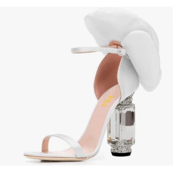 FSJ White Open Toe Crystal Block Heels Flower Bloom Back Ankle Strap Sandals - Picture 1 of 8